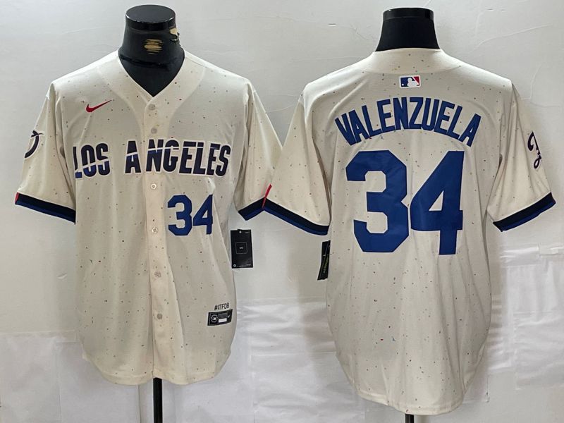 Men Los Angeles Dodgers 34 Valenzuela Cream Fashion Nike Game MLB Jersey style 3